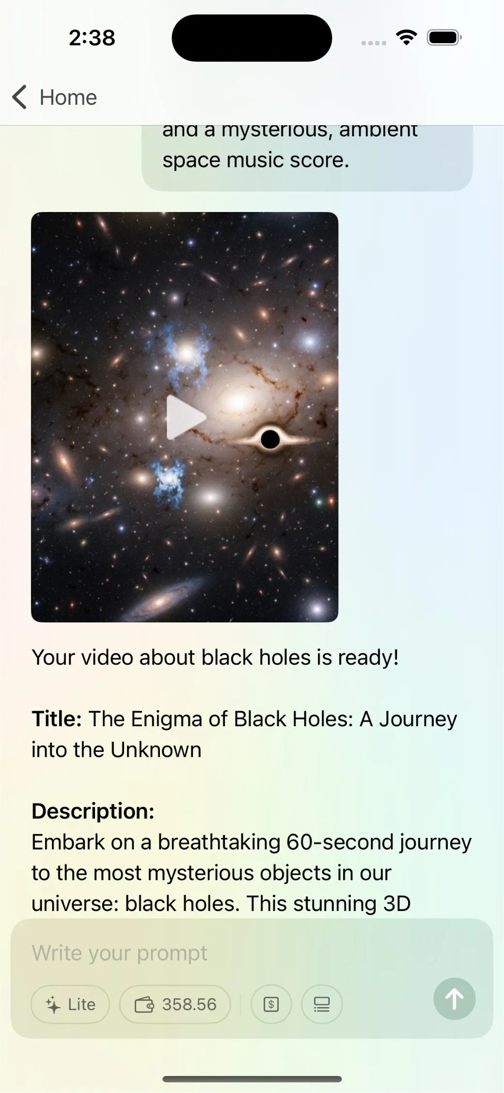 Mikan AI generated video result about black holes